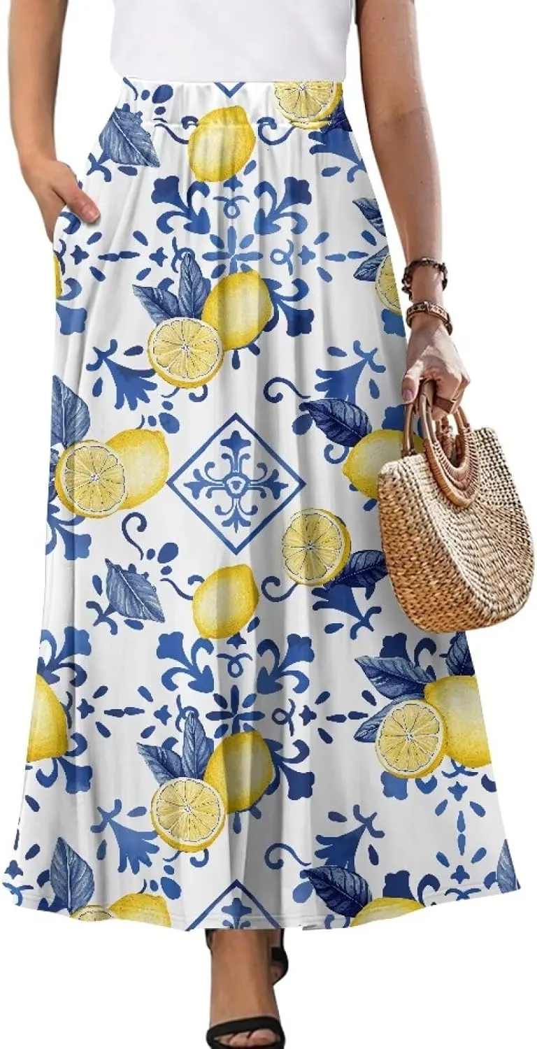 Biyejit Maxi Skirts for Women with Pockets Casual Long Skirt Midi Length Casual Skirt for Beach Party Holiday