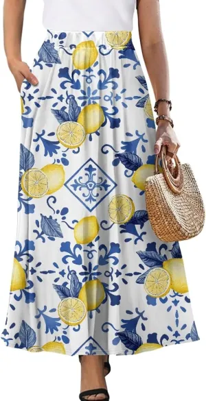Biyejit Maxi Skirts for Women with Pockets Casual Long Skirt Midi Length Casual Skirt for Beach Party Holiday