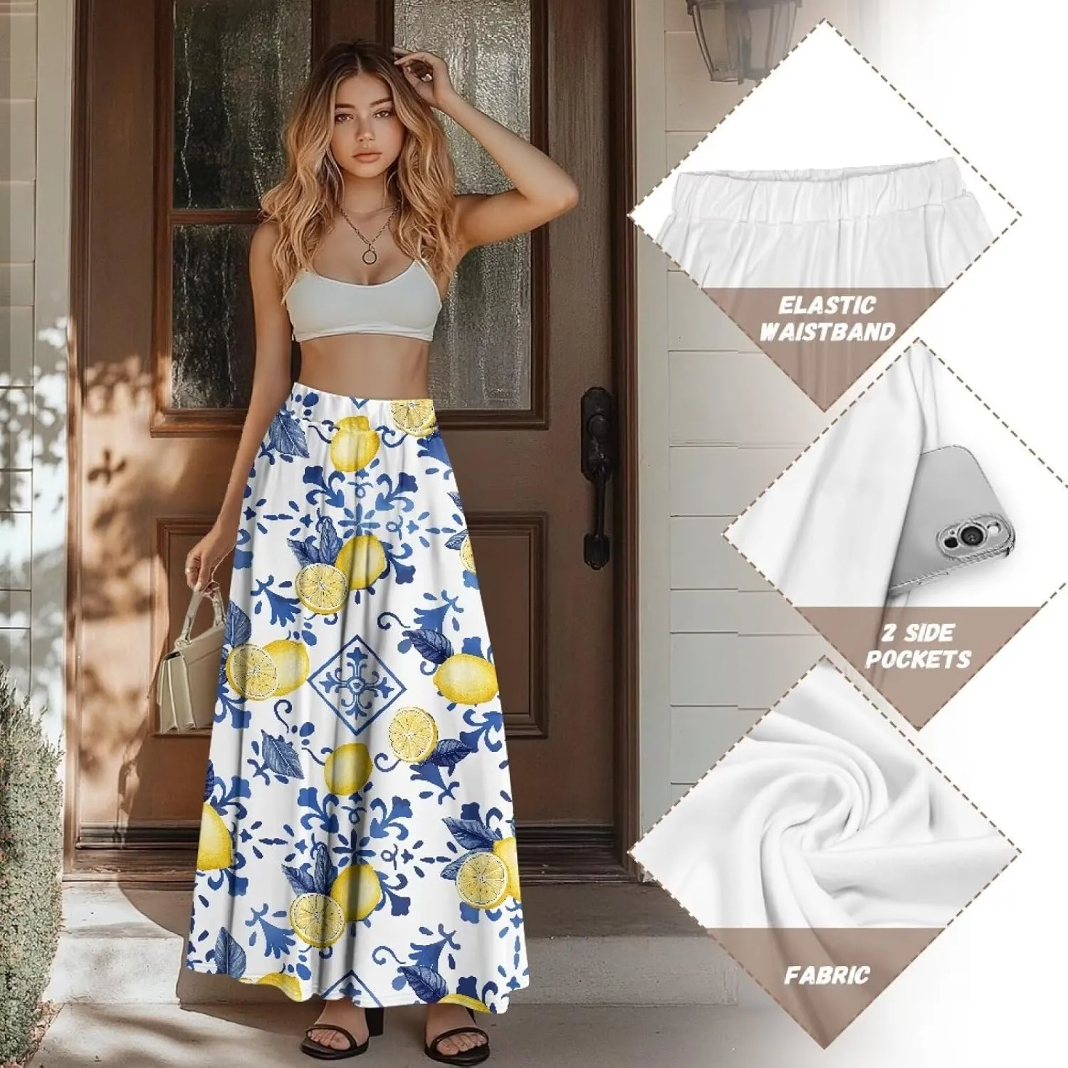Biyejit Maxi Skirts for Women with Pockets Casual Long Skirt Midi Length Casual Skirt for Beach Party Holiday