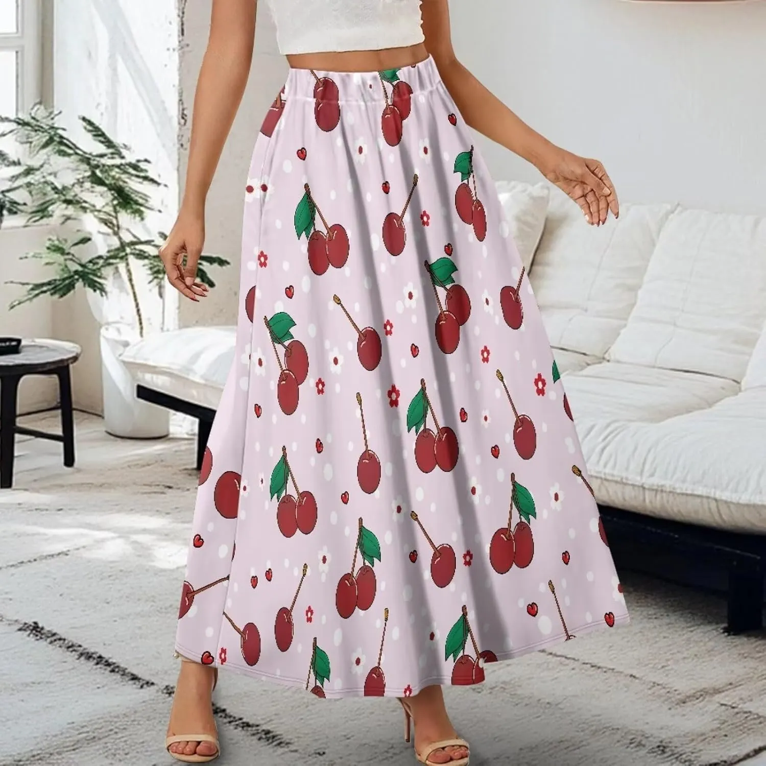 Biyejit Women's Elastic High Waist Pleated A-Line Skirts Flowy Swing Maxi Long Skirt Dress with Pockets