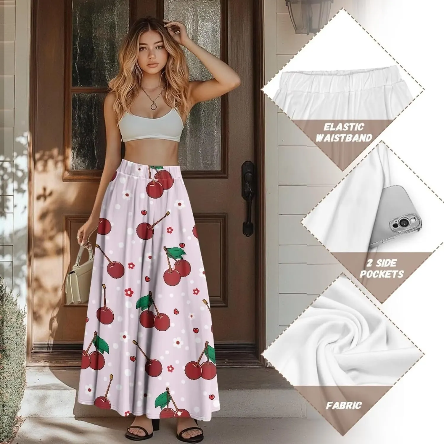 Biyejit Women's Elastic High Waist Pleated A-Line Skirts Flowy Swing Maxi Long Skirt Dress with Pockets