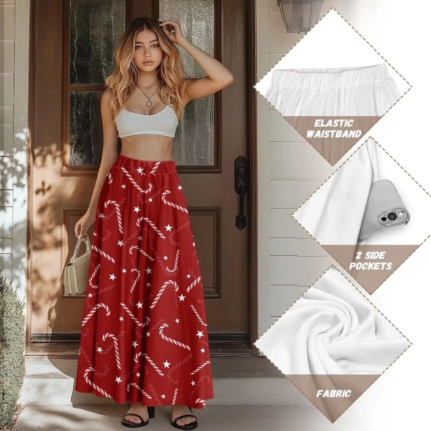 Biyejit Women's Flowy Maxi Skirt Pleated High Waisted A Line Skirt Casual Long Skirts with Pockets S-2XL