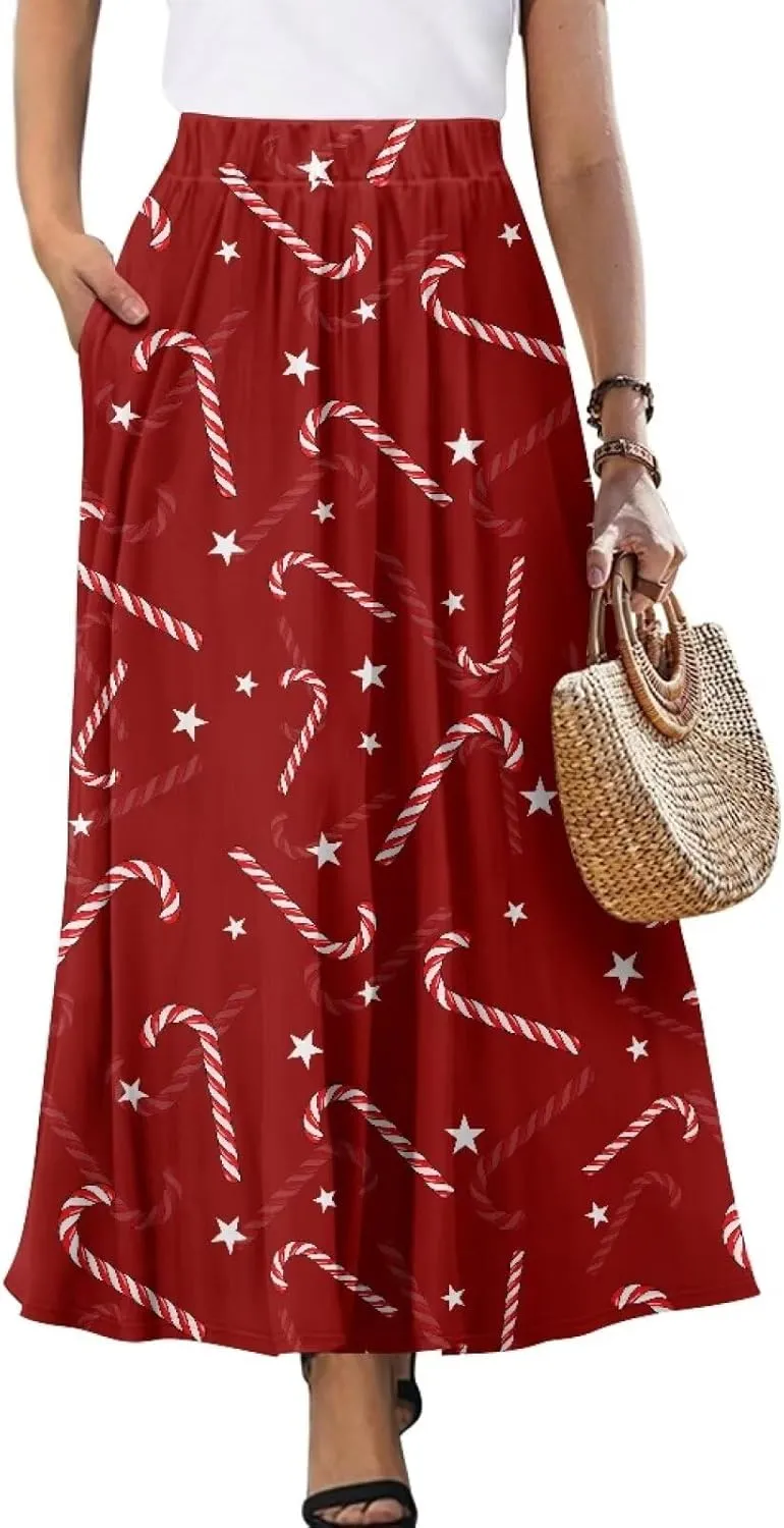 Biyejit Women's Flowy Maxi Skirt Pleated High Waisted A Line Skirt Casual Long Skirts with Pockets S-2XL