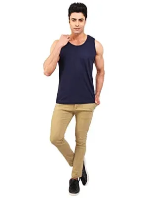BKS COLLECTION West Sleeveless Navy Blue Round Neck Solid for Men's Stylist Cotton T-Shirt
