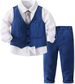Boys Gentleman Suits Toddler Kids Wedding Outfit Clothes 4 Pieces Dress Shirt & Pants & Vest Set with Bowtie, 2-8 Years
