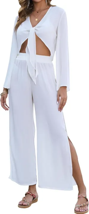 Bsubseach Women's Summer 2 Piece Swimsuit Cover up 2025 Tie Front Crop Tops Wide Leg Pant Sets Bathing Suit Beach Outfit