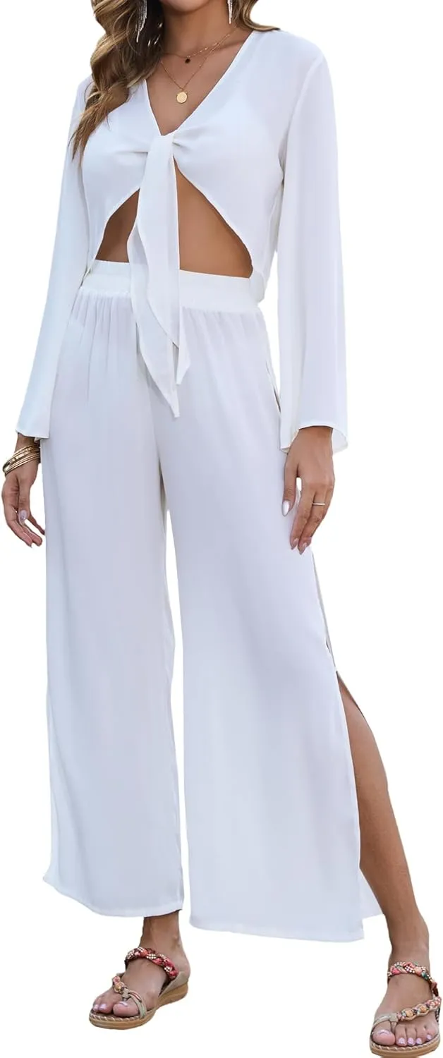 Bsubseach Women's Summer 2 Piece Swimsuit Cover up 2025 Tie Front Crop Tops Wide Leg Pant Sets Bathing Suit Beach Outfit