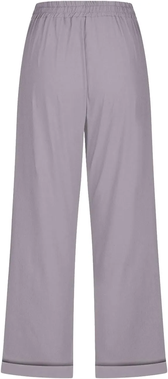 Capri Linen Pants for Women Cotton Casual Summer Capris Drawstring High Waist Pants Wide Leg Buttons Cropped Trousers