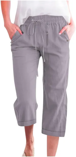 Capri Linen Pants for Women Cotton Casual Summer Capris Drawstring High Waist Pants Wide Leg Buttons Cropped Trousers