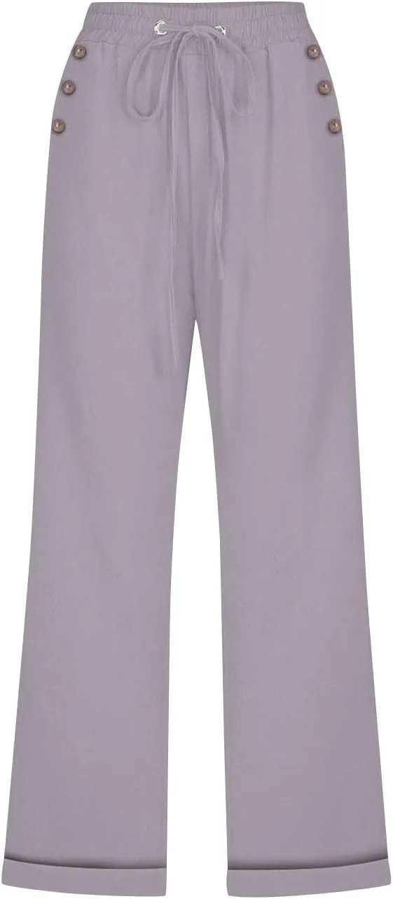 Capri Linen Pants for Women Cotton Casual Summer Capris Drawstring High Waist Pants Wide Leg Buttons Cropped Trousers