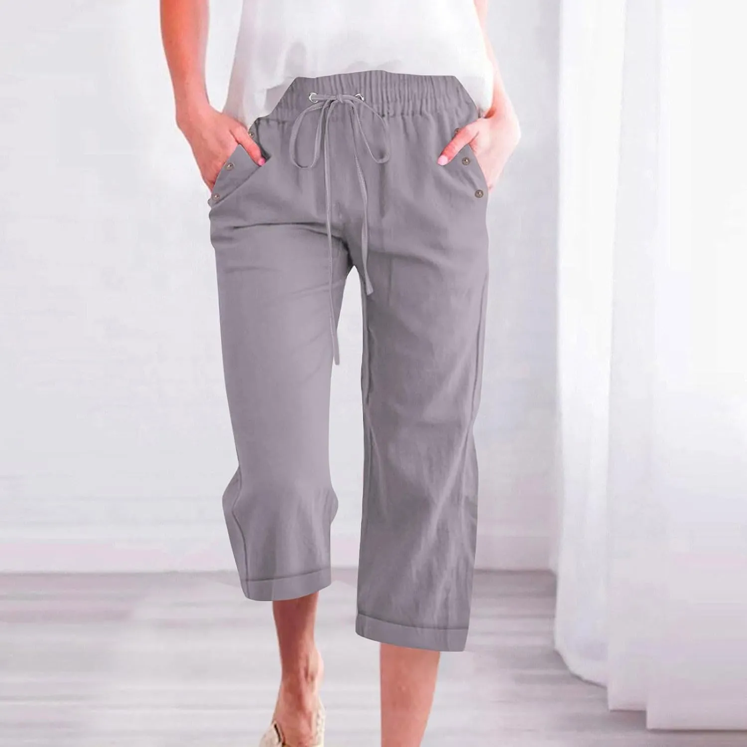 Capri Linen Pants for Women Cotton Casual Summer Capris Drawstring High Waist Pants Wide Leg Buttons Cropped Trousers