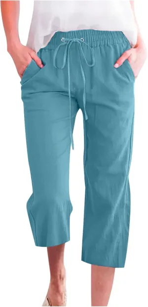 Capri Pants for Women 2025 Summer Drawstring Elastic High Waist Casual Capris Straight Wide Leg Cotton Linen Pants