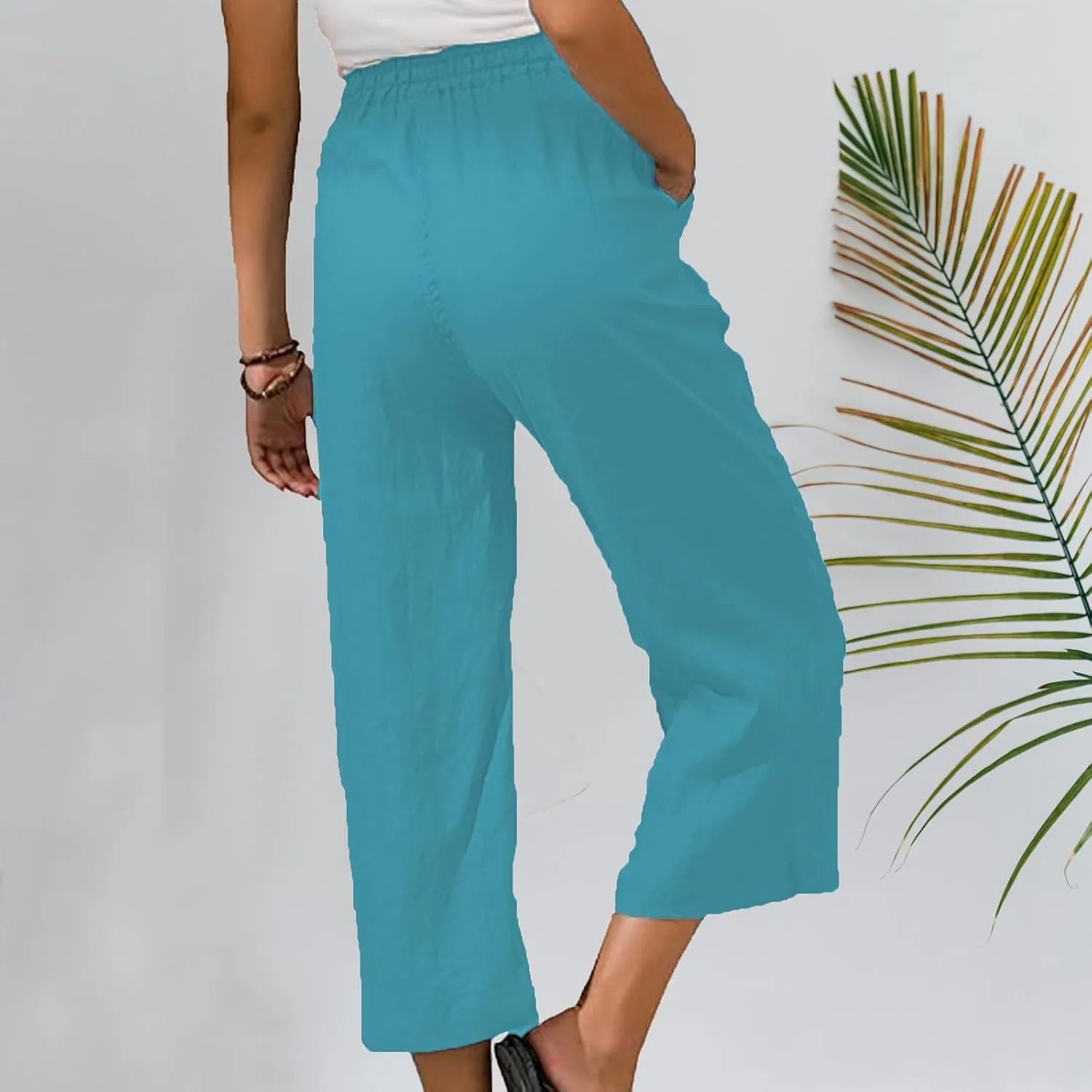 Capri Pants for Women 2025 Summer Drawstring Elastic High Waist Casual Capris Straight Wide Leg Cotton Linen Pants