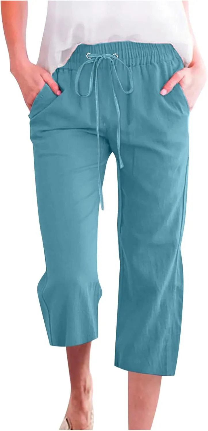 Capri Pants for Women 2025 Summer Drawstring Elastic High Waist Casual Capris Straight Wide Leg Cotton Linen Pants