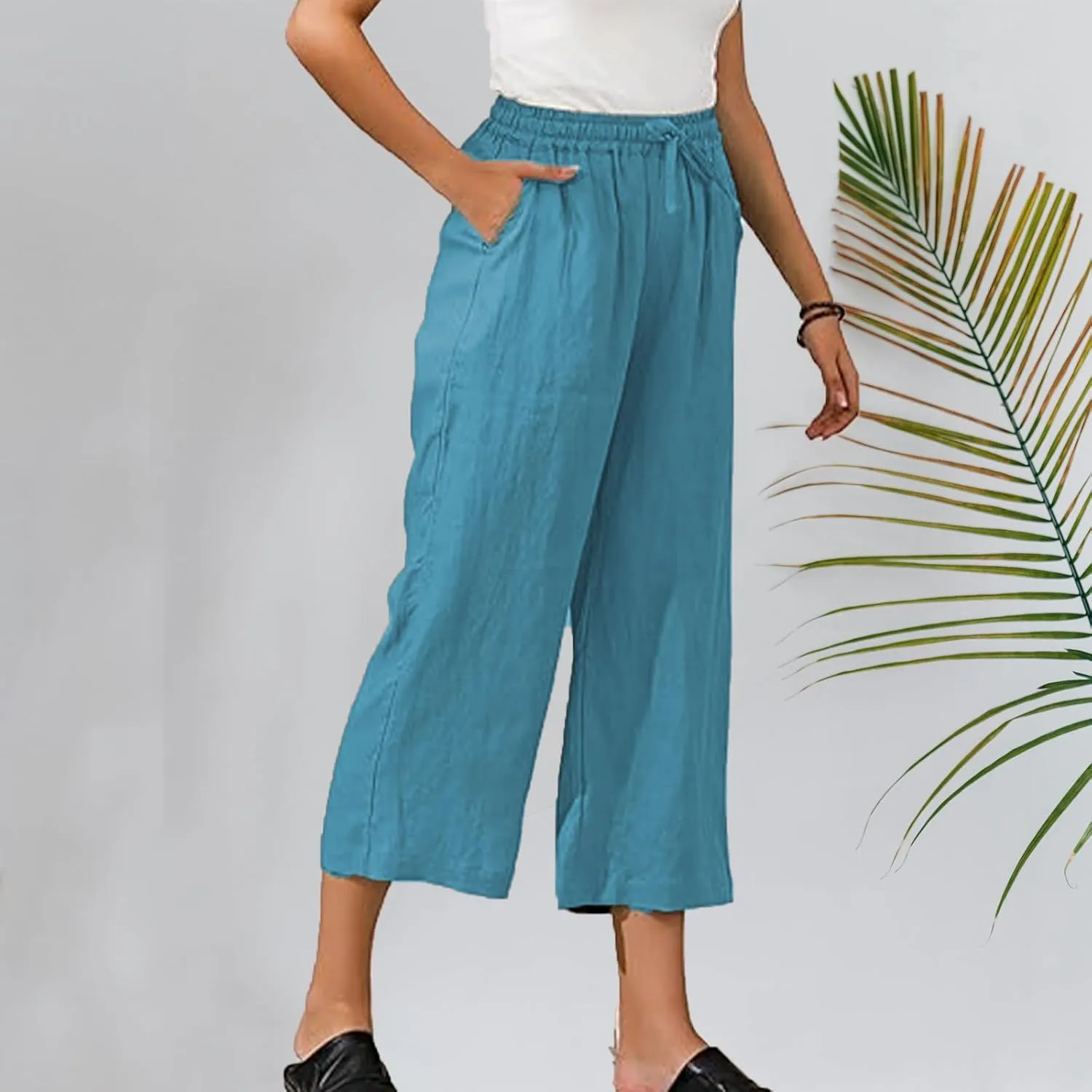 Capri Pants for Women 2025 Summer Drawstring Elastic High Waist Casual Capris Straight Wide Leg Cotton Linen Pants