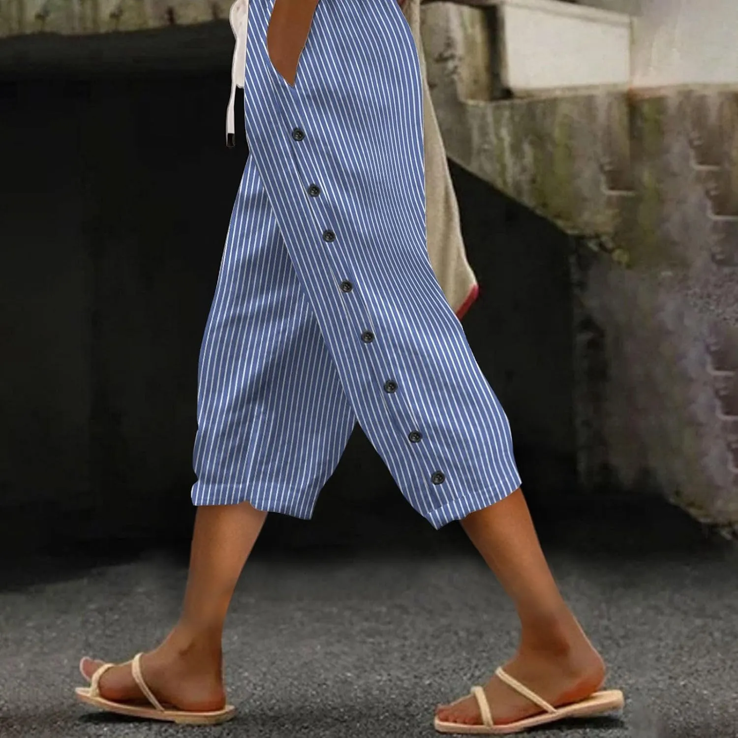 Capris Pants for Women Cotton Linen Casual Summer 2025 Straight Wide Leg Loose Drawstring Elastic Waist Cropped Trouser