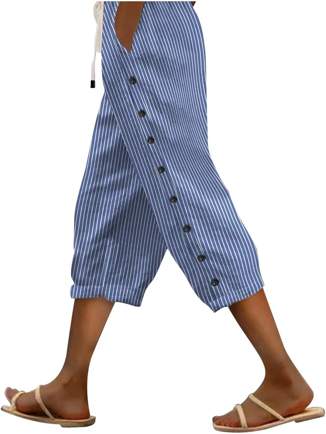 Capris Pants for Women Cotton Linen Casual Summer 2025 Straight Wide Leg Loose Drawstring Elastic Waist Cropped Trouser