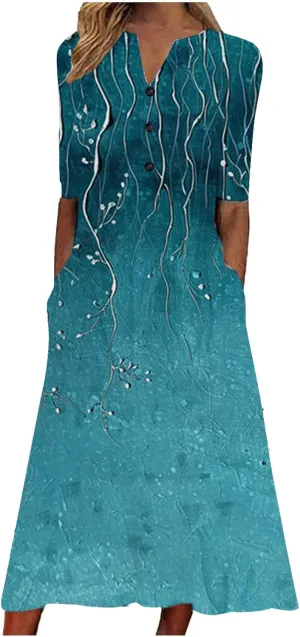 Casual Boho Dresses for Women 2025 Summer Retro Print Midi Tshirt Dress Loose Flowy Beach Long Dresses with Pockets