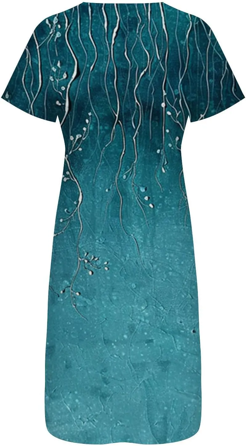 Casual Boho Dresses for Women 2025 Summer Retro Print Midi Tshirt Dress Loose Flowy Beach Long Dresses with Pockets