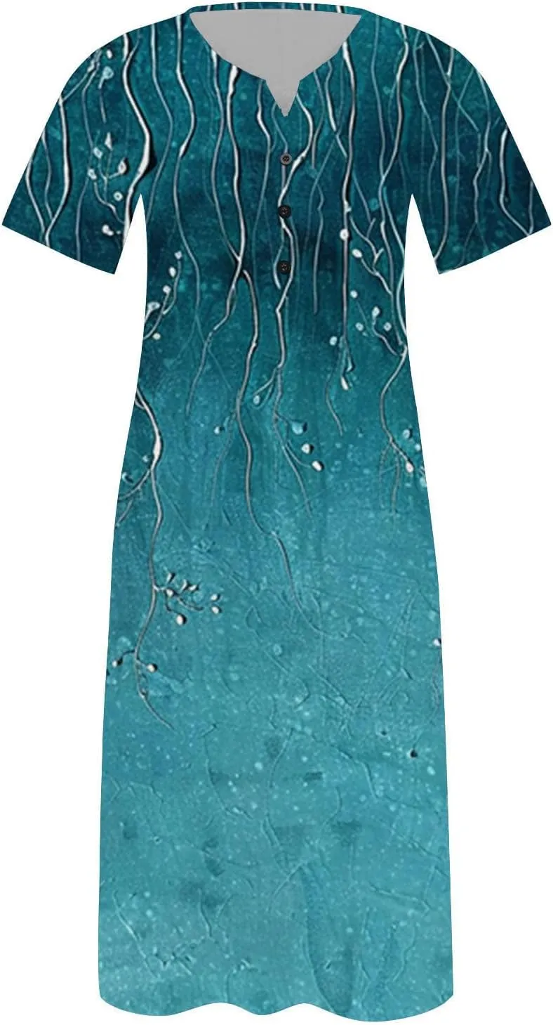 Casual Boho Dresses for Women 2025 Summer Retro Print Midi Tshirt Dress Loose Flowy Beach Long Dresses with Pockets