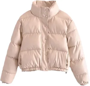 Casual Solid Color Simple Cotton-Padded Clothes Women's Winter Small Stand Collar Pu Jacket Coat