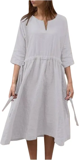 Ceboyel Women Half Sleeve Boho Dresses Cotton Linen Smocked Tiered Dress Drawstring Flowy Dresses Causal Summer Outfits