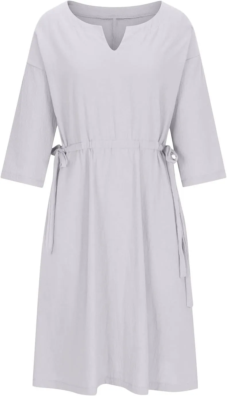 Ceboyel Women Half Sleeve Boho Dresses Cotton Linen Smocked Tiered Dress Drawstring Flowy Dresses Causal Summer Outfits