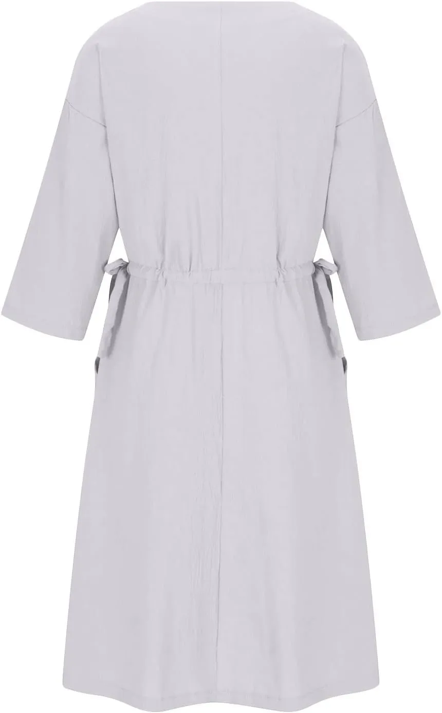 Ceboyel Women Half Sleeve Boho Dresses Cotton Linen Smocked Tiered Dress Drawstring Flowy Dresses Causal Summer Outfits
