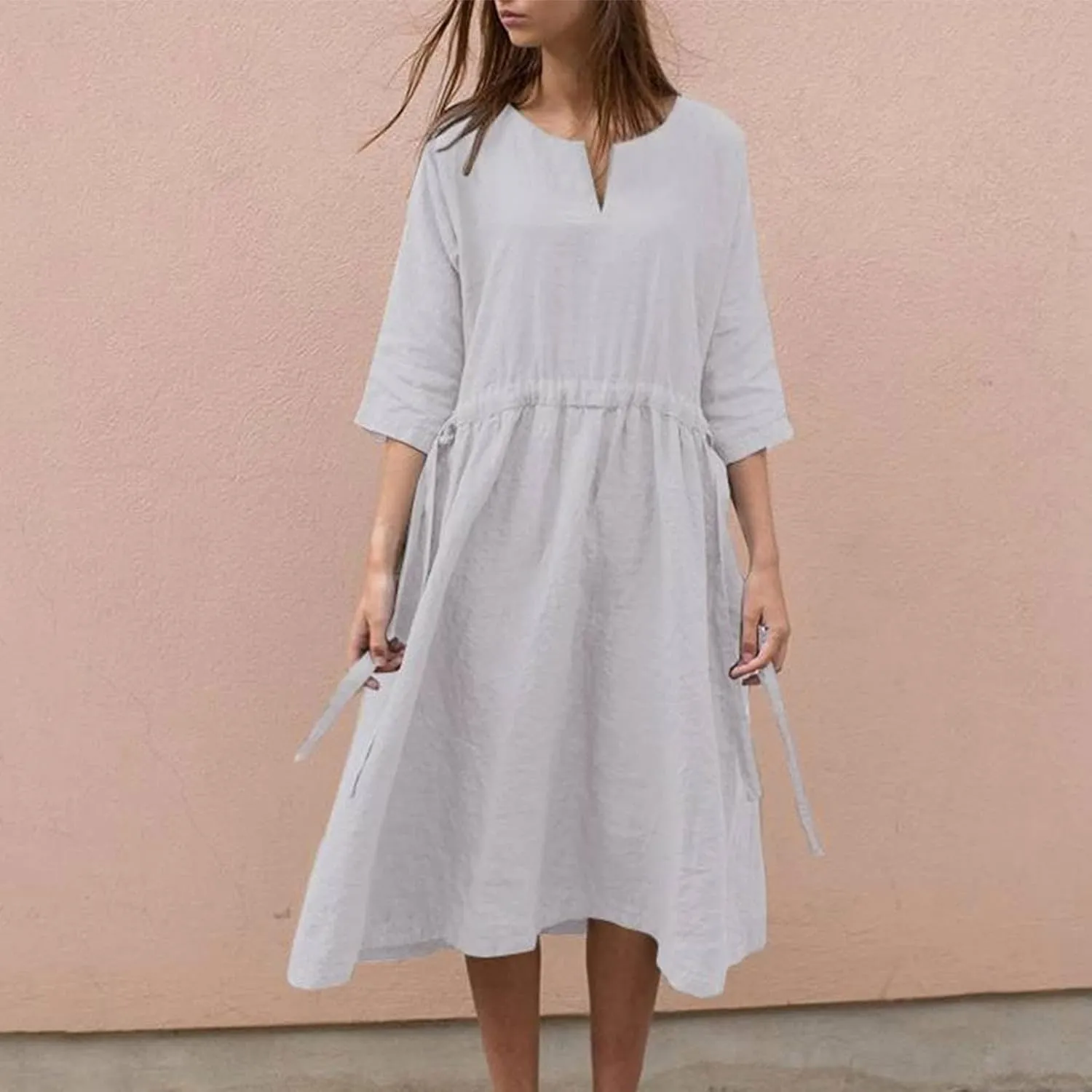 Ceboyel Women Half Sleeve Boho Dresses Cotton Linen Smocked Tiered Dress Drawstring Flowy Dresses Causal Summer Outfits