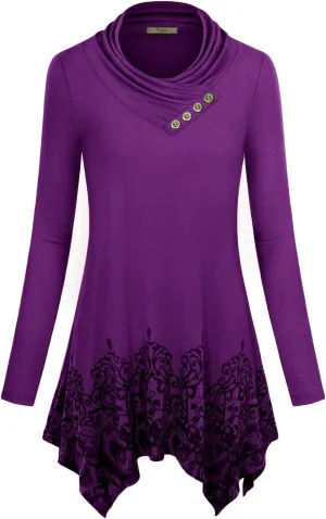 Cestyle Womens Fall Long Sleeve Cowl Neck Asymmetrical Hemline Flowy Tunic Top