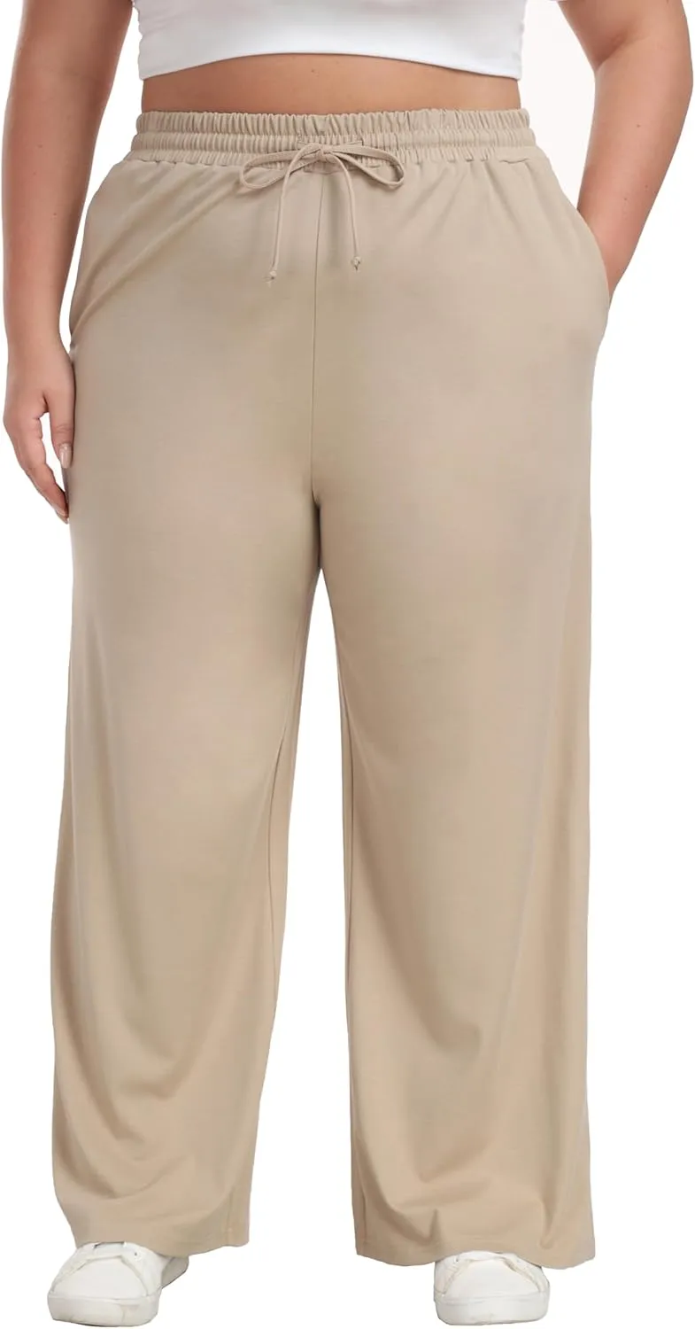 Cheapestbuy Women's Plus Size Casual Pants Comfy Wide Leg Pants Stretchy Loose Fit Lounge Pants with Pockets