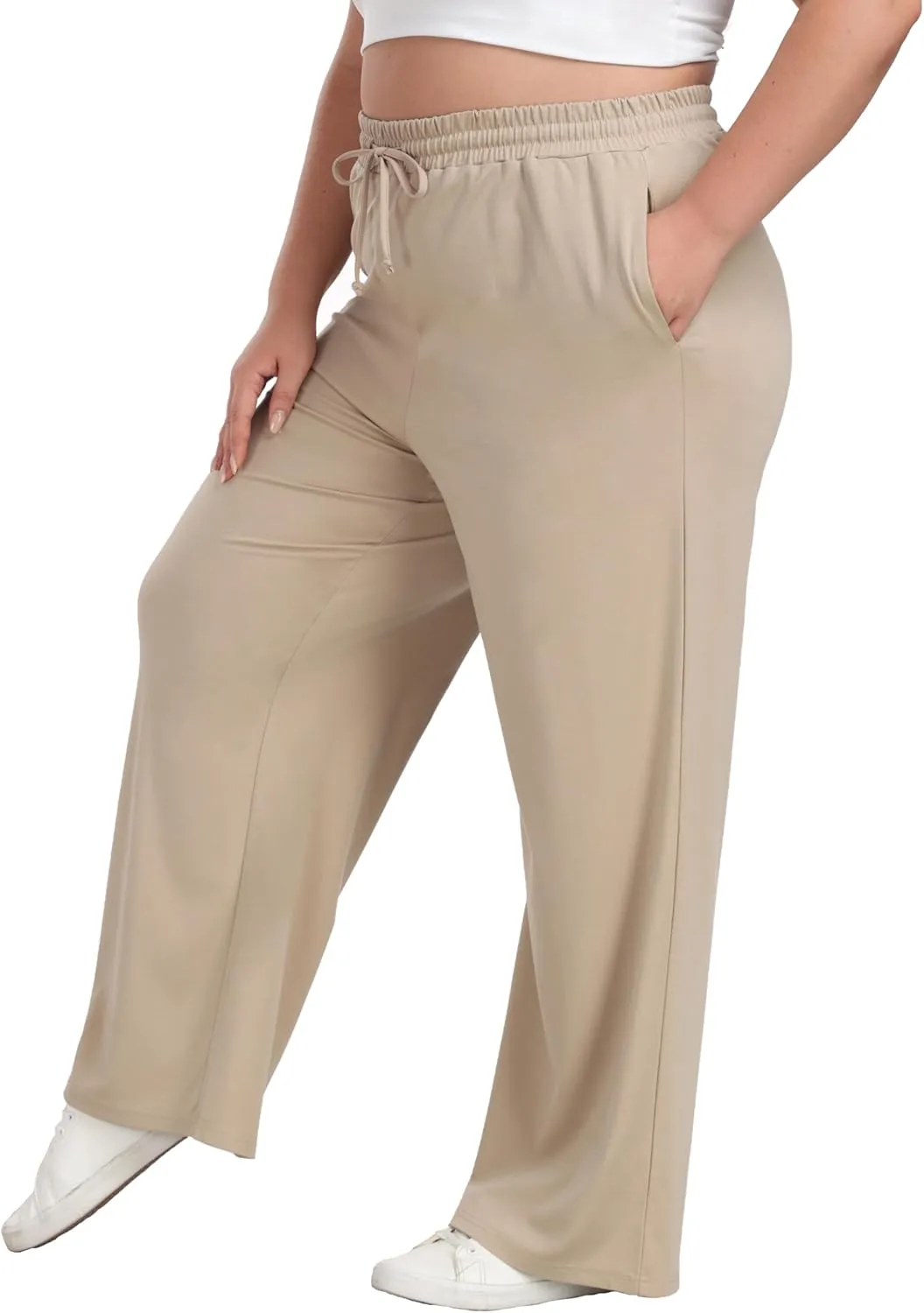 Cheapestbuy Women's Plus Size Casual Pants Comfy Wide Leg Pants Stretchy Loose Fit Lounge Pants with Pockets