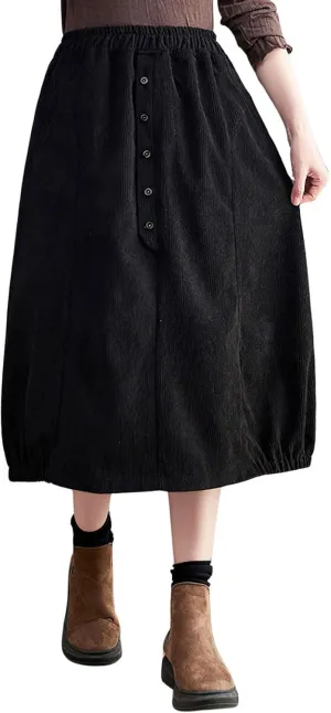 chouyatou Women's Elastic Waist Vintage Corduroy Skirt Button A-Line Swing Midi Long Skirt with Pockets