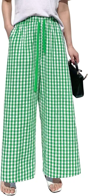 chouyatou Women's Plaid Wide Leg Culotte Pants Gingham High Elastic Waisted Cropped Palazzo Pants with Pockets