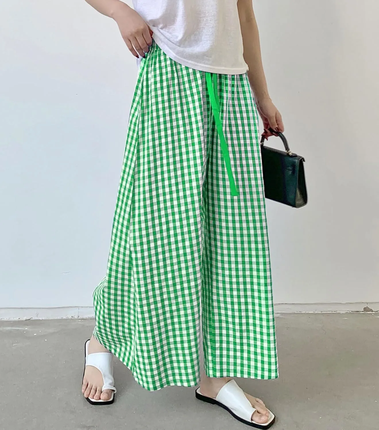 chouyatou Women's Plaid Wide Leg Culotte Pants Gingham High Elastic Waisted Cropped Palazzo Pants with Pockets