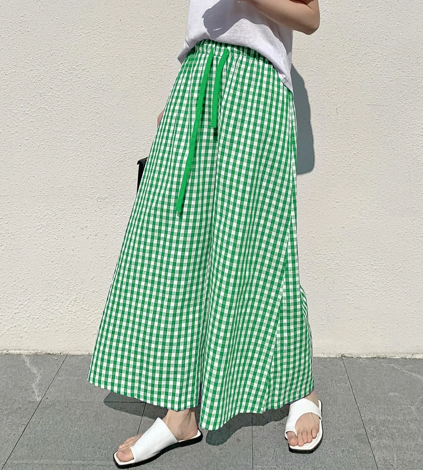 chouyatou Women's Plaid Wide Leg Culotte Pants Gingham High Elastic Waisted Cropped Palazzo Pants with Pockets