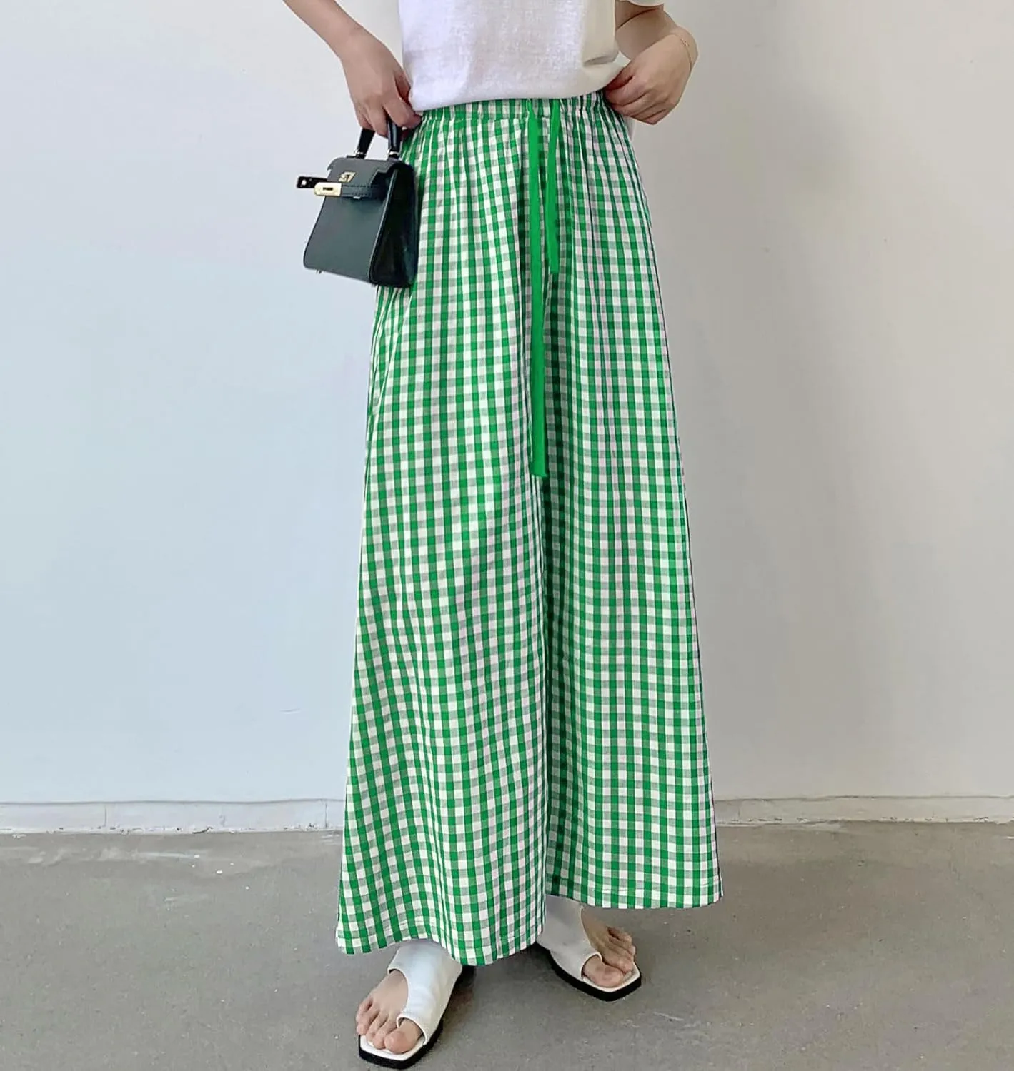 chouyatou Women's Plaid Wide Leg Culotte Pants Gingham High Elastic Waisted Cropped Palazzo Pants with Pockets