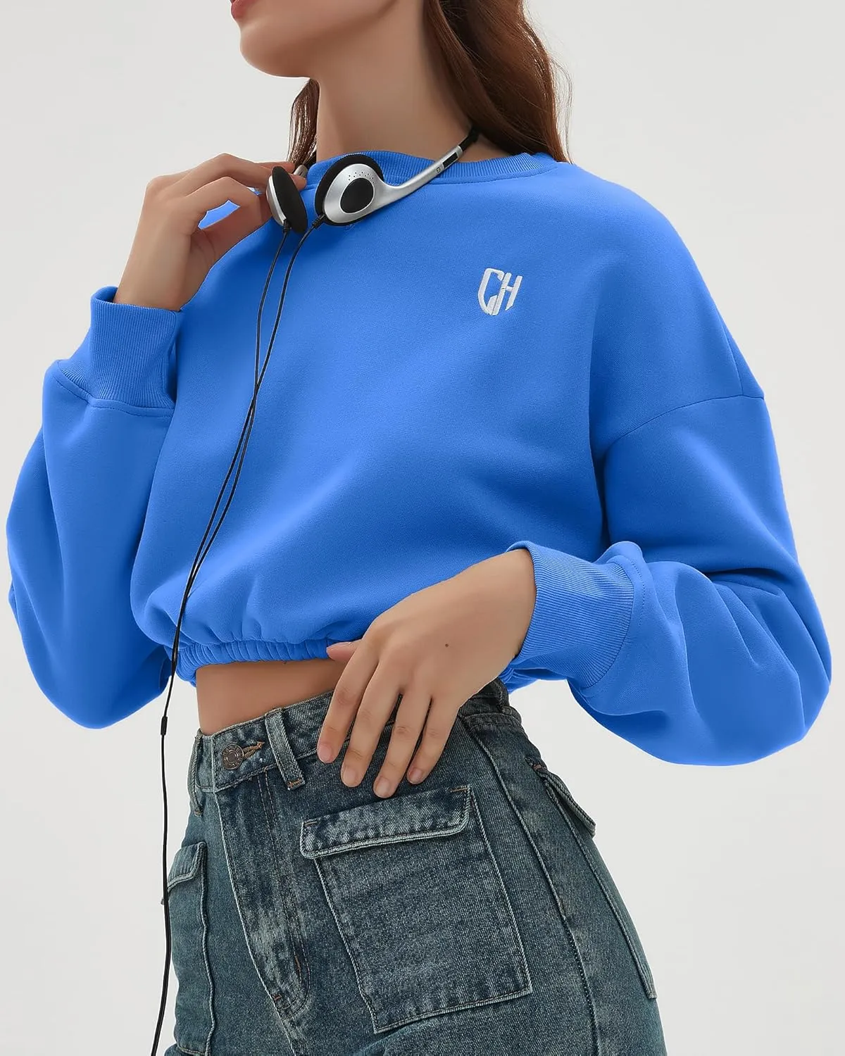 CHYRII Women Oversized Cropped Sweatshirt Fleece Crewneck Pullover Long Sleeve Crop Tops Fall Winter Oufits Clothes