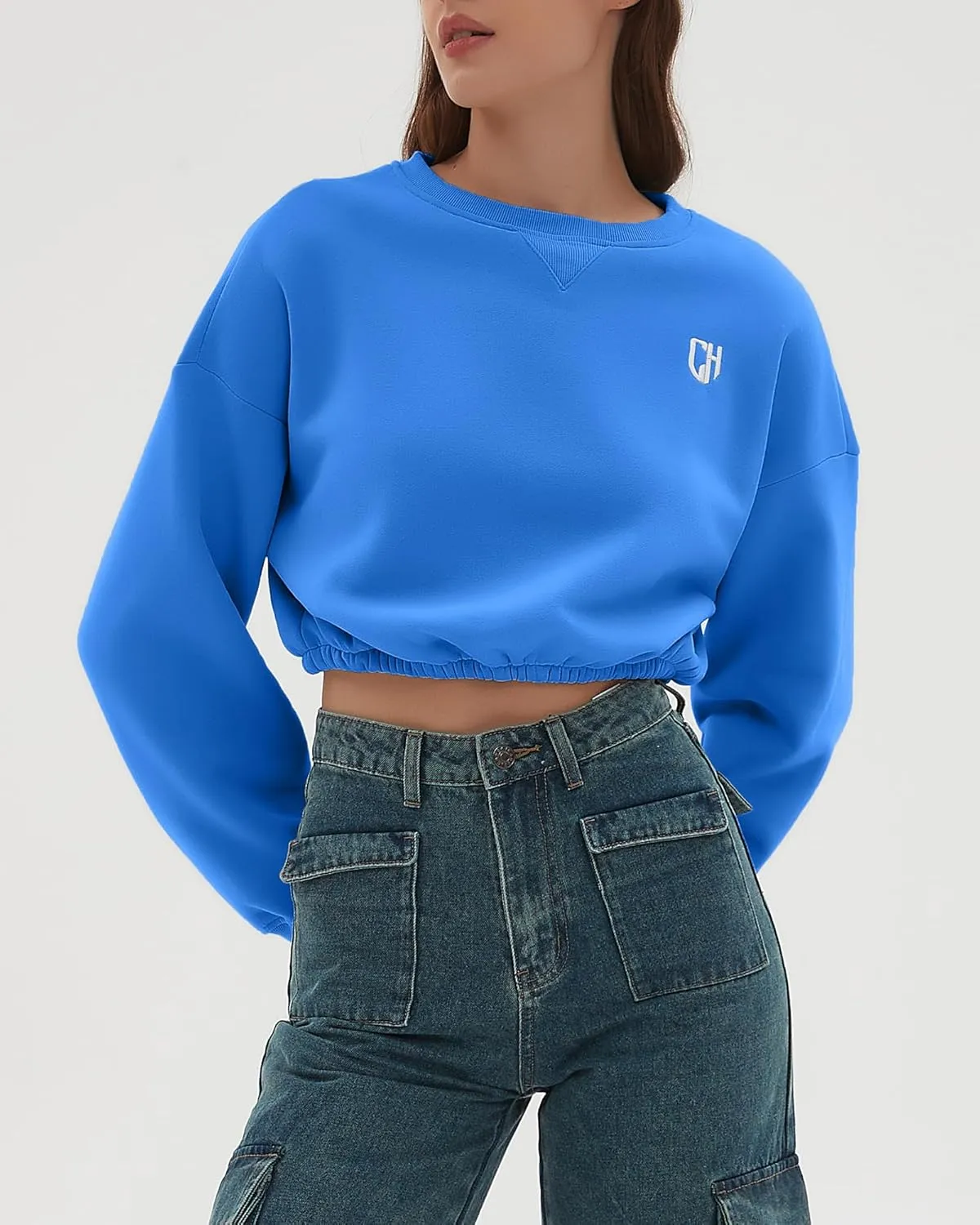 CHYRII Women Oversized Cropped Sweatshirt Fleece Crewneck Pullover Long Sleeve Crop Tops Fall Winter Oufits Clothes
