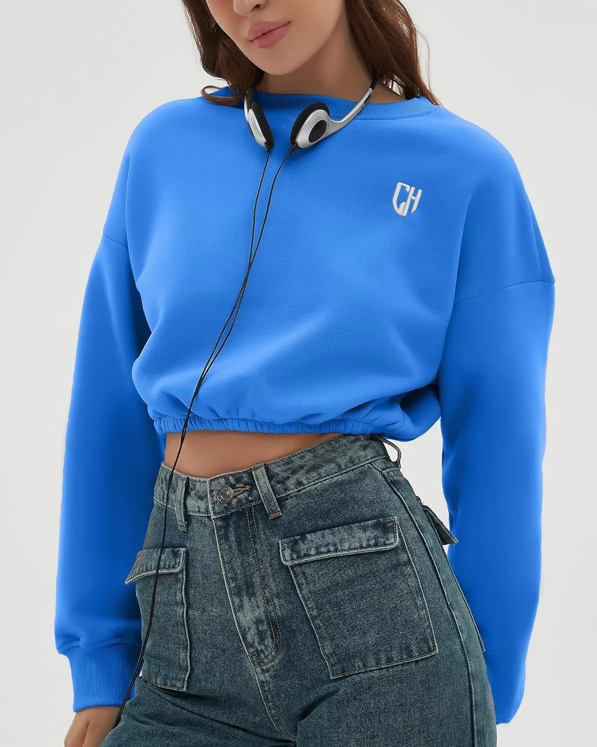 CHYRII Women Oversized Cropped Sweatshirt Fleece Crewneck Pullover Long Sleeve Crop Tops Fall Winter Oufits Clothes