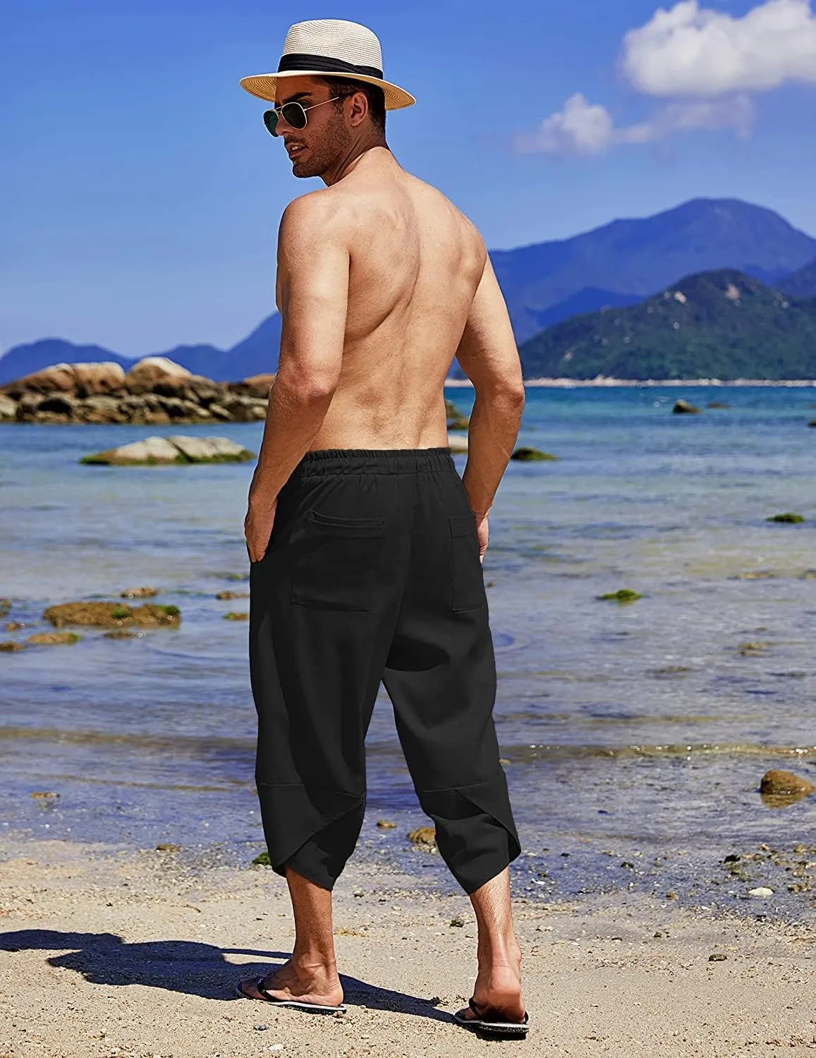 COOFANDY Men's Linen Harem Capri Pants Lightweight Loose 3/4 Shorts Drawstring Elastic Waist Casual Beach Boho Yoga Trousers