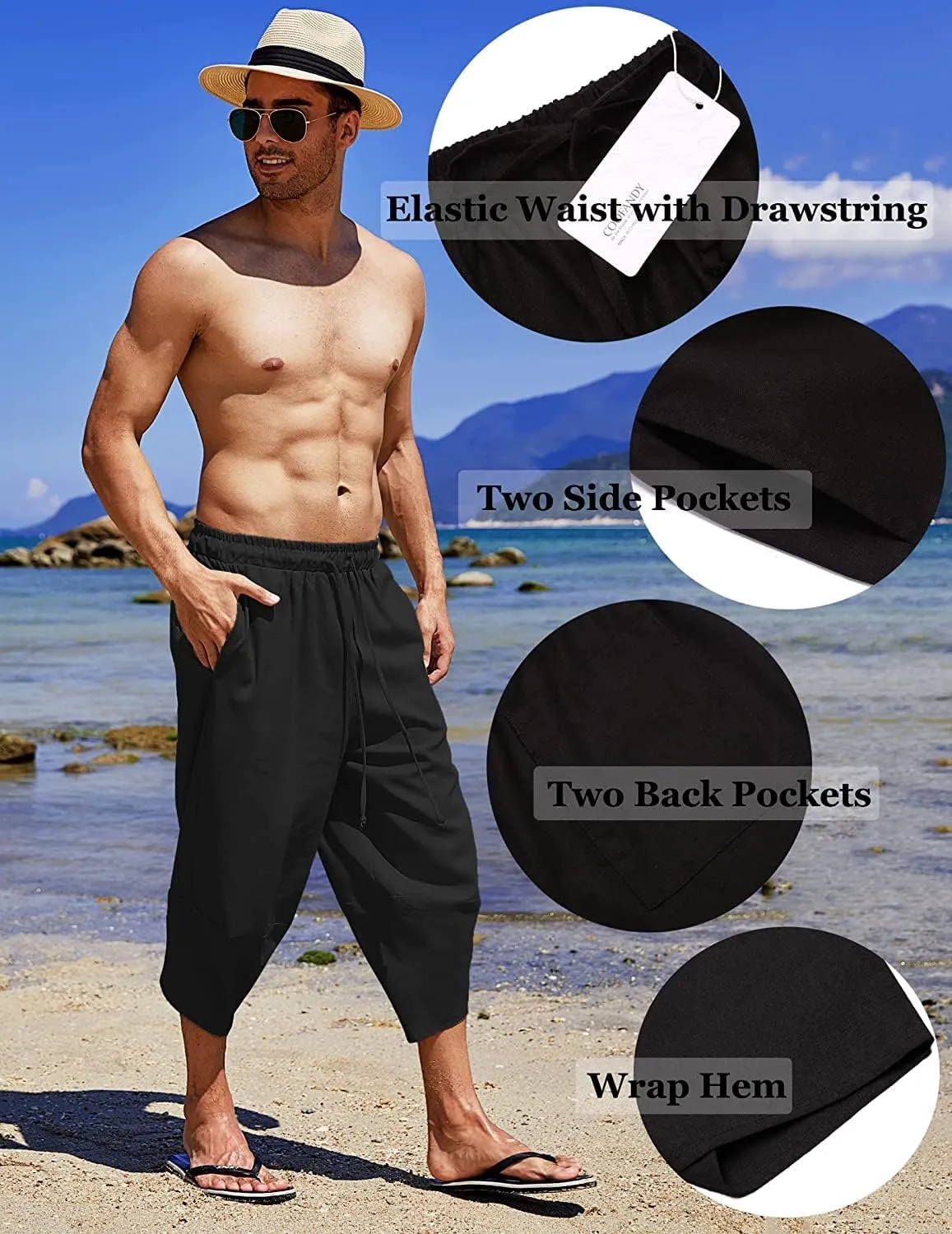 COOFANDY Men's Linen Harem Capri Pants Lightweight Loose 3/4 Shorts Drawstring Elastic Waist Casual Beach Boho Yoga Trousers