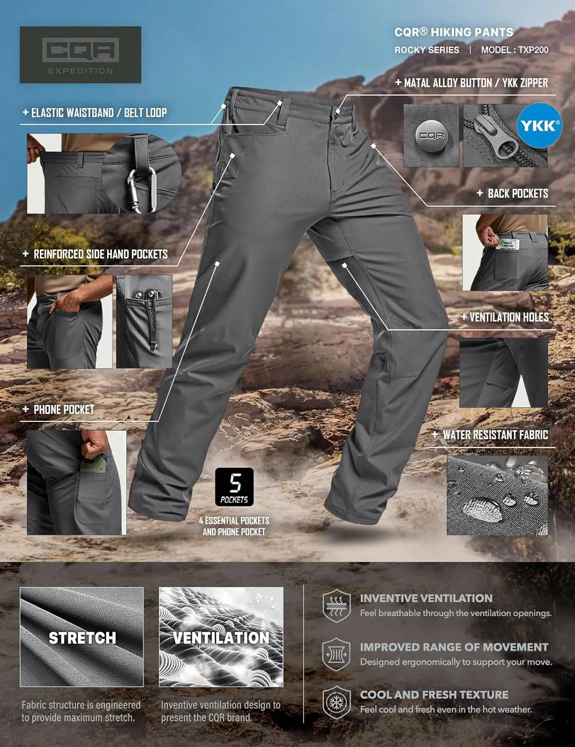 CQR Men's Quick Dry Tactical Pants, Water Resistant Outdoor Pants, Lightweight Stretch Cargo Work Hiking Pants