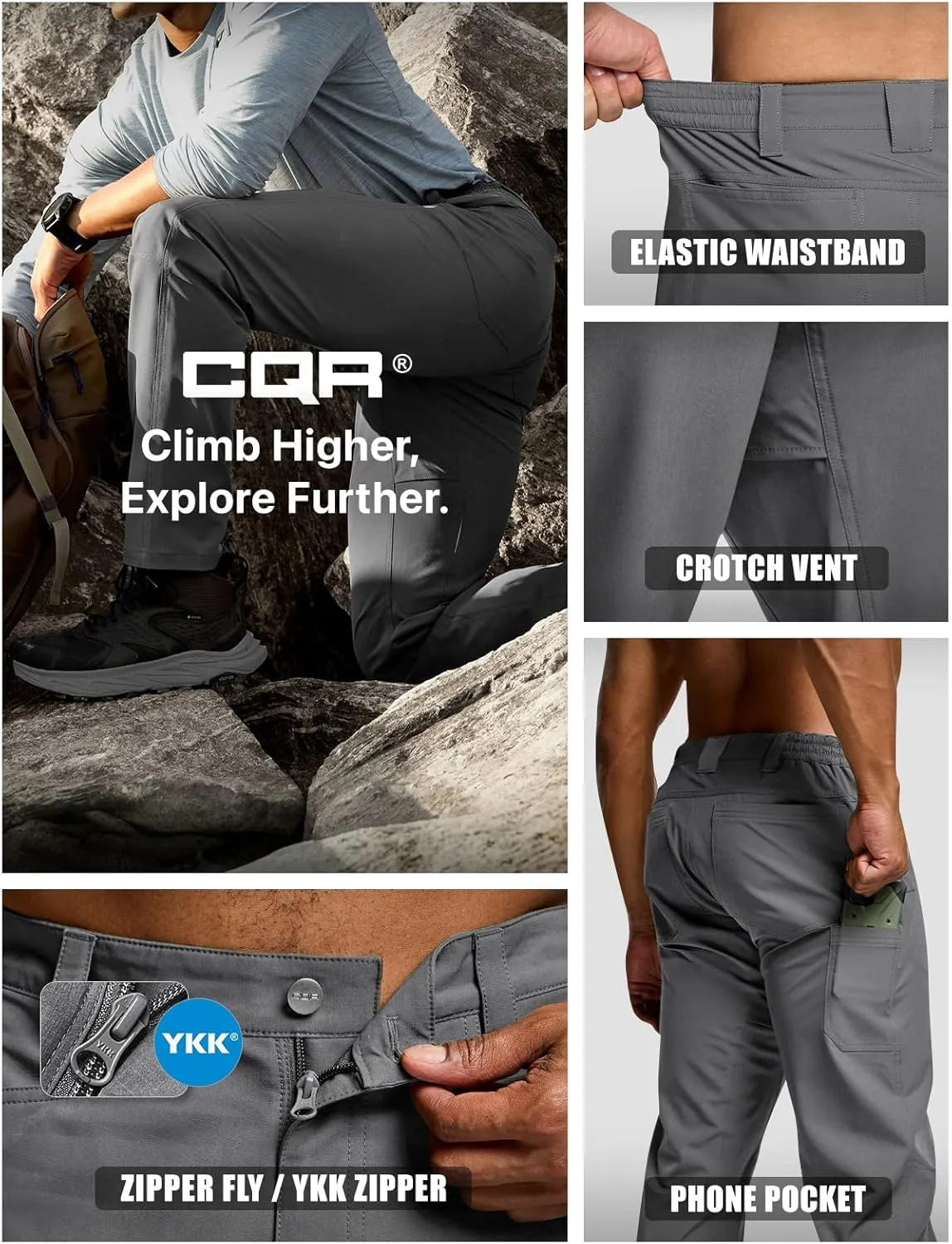 CQR Men's Quick Dry Tactical Pants, Water Resistant Outdoor Pants, Lightweight Stretch Cargo Work Hiking Pants