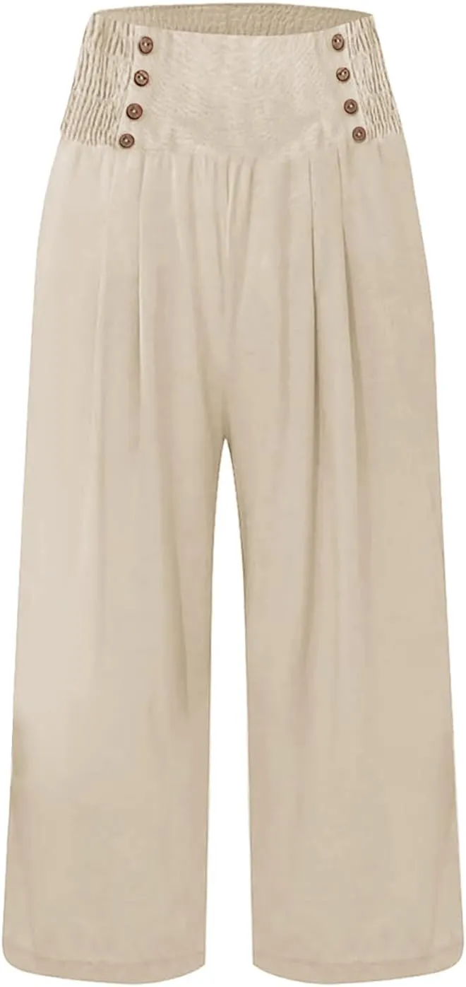 Cropped Wide Leg Pants for Women Summer Fashion Button Cotton Linen Pants High Waisted Lightweight Casual Trousers
