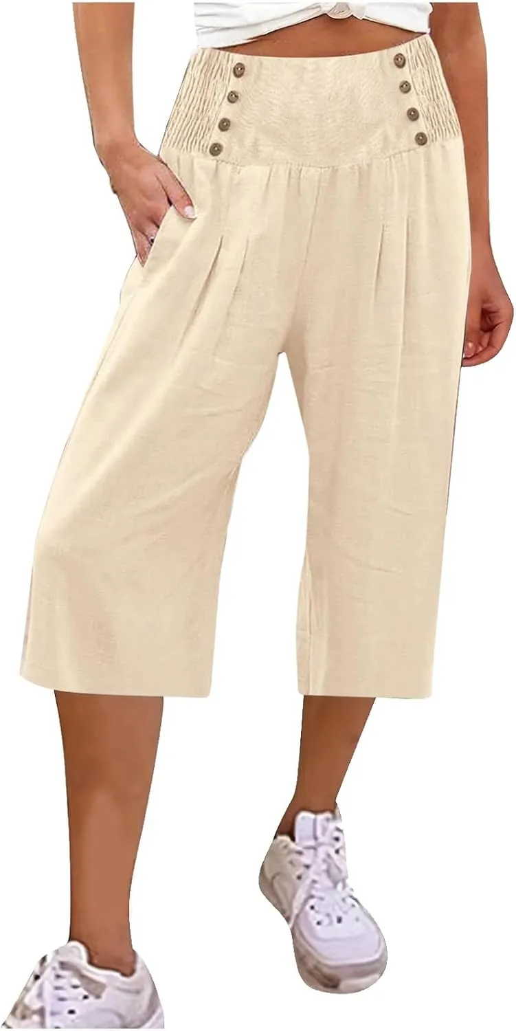 Cropped Wide Leg Pants for Women Summer Fashion Button Cotton Linen Pants High Waisted Lightweight Casual Trousers