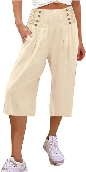 Cropped Wide Leg Pants for Women Summer Fashion Button Cotton Linen Pants High Waisted Lightweight Casual Trousers
