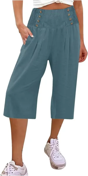 Cropped Wide Leg Pants for Women Summer Fashion Button Cotton Linen Pants High Waisted Lightweight Casual Trousers