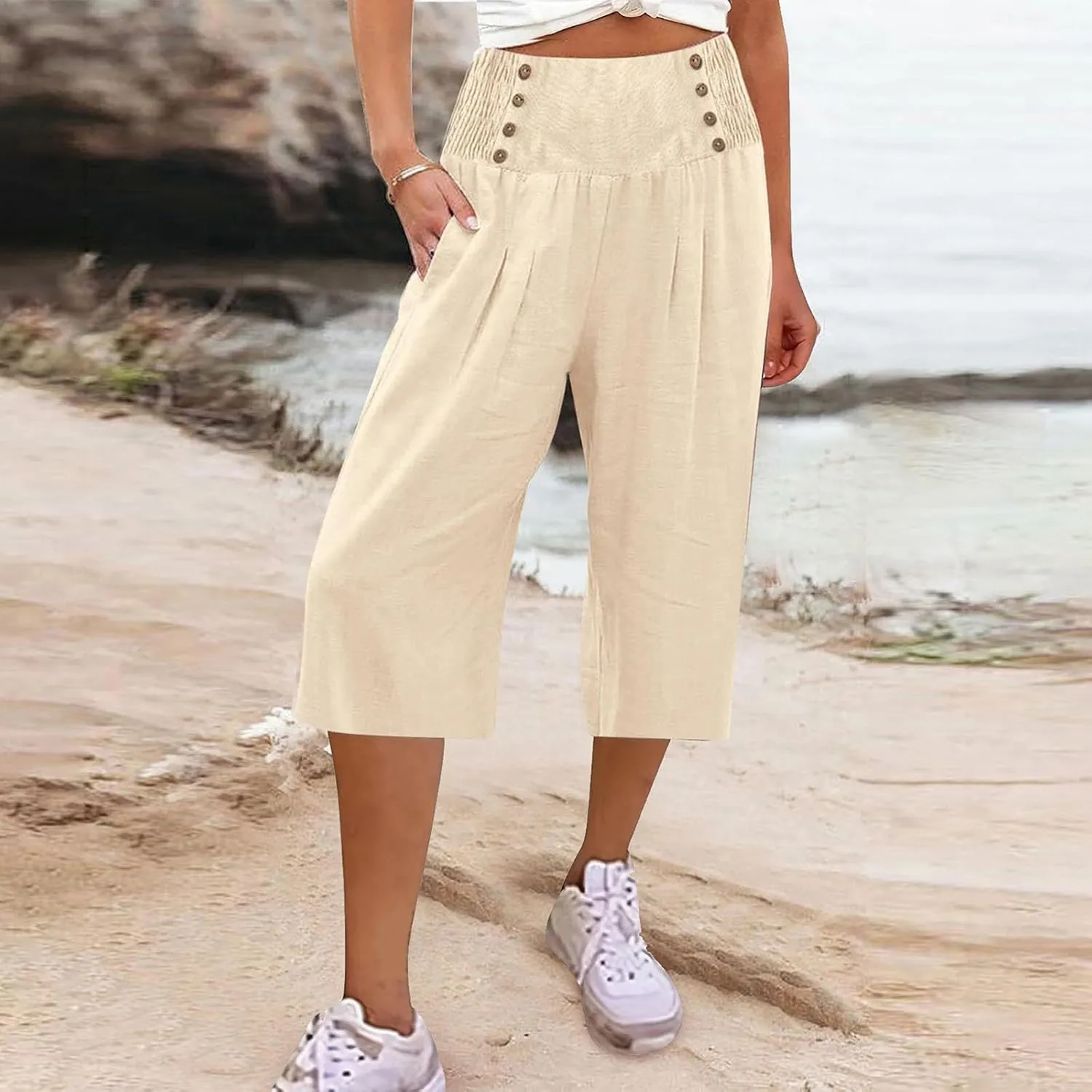 Cropped Wide Leg Pants for Women Summer Fashion Button Cotton Linen Pants High Waisted Lightweight Casual Trousers