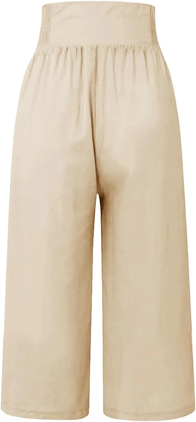Cropped Wide Leg Pants for Women Summer Fashion Button Cotton Linen Pants High Waisted Lightweight Casual Trousers